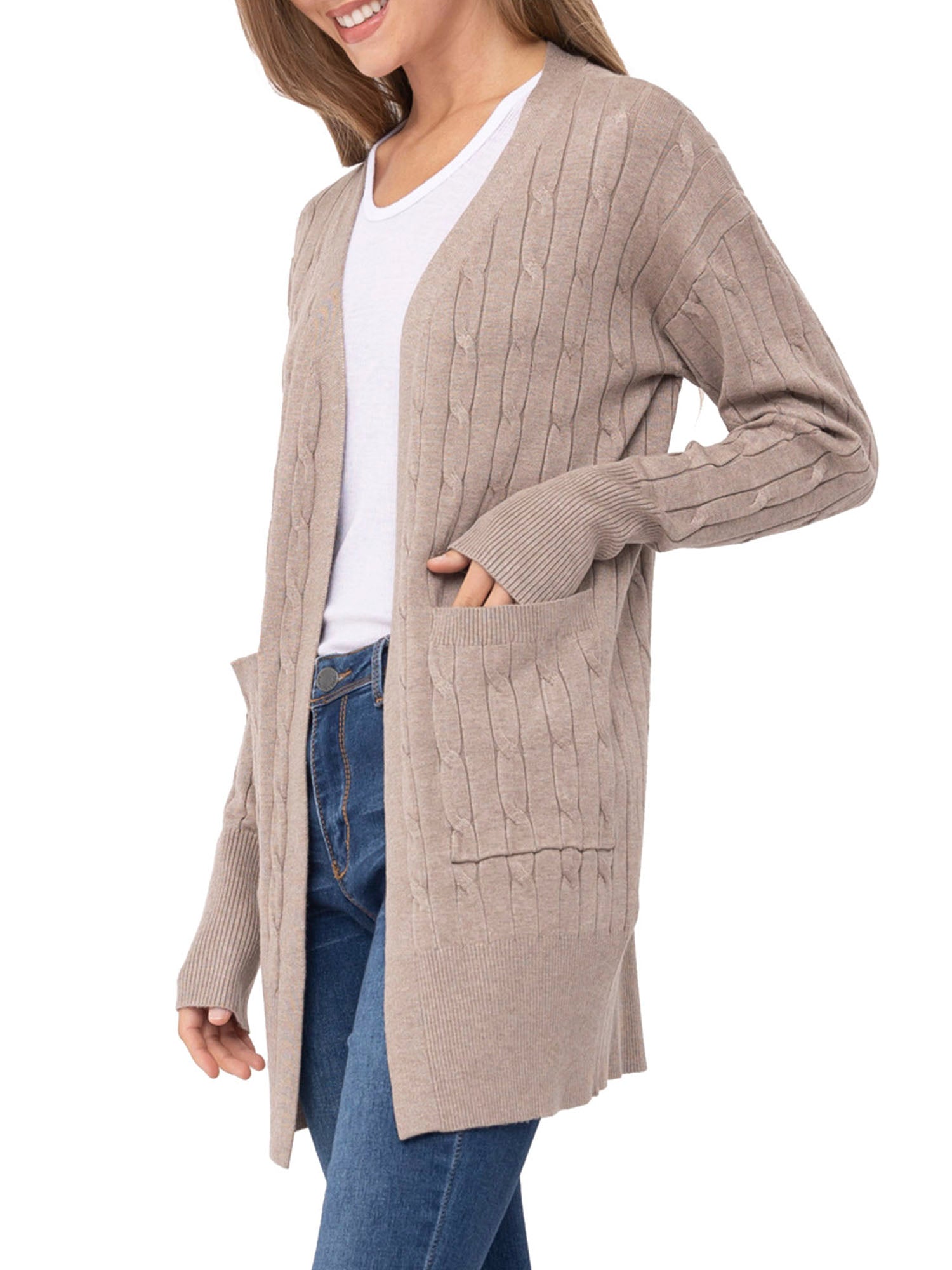 Long Sleeve Open Front Cable Knit Cardigan Sweater with Pockets